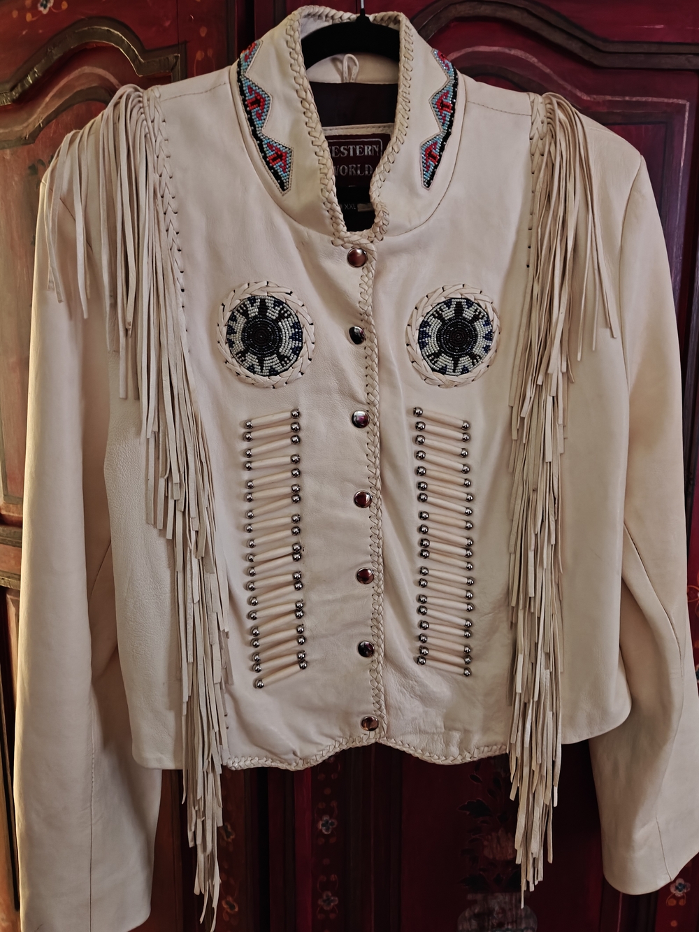 Women's Cream Fringe Butter Soft Leather Jacket with Beadwork Western XXL